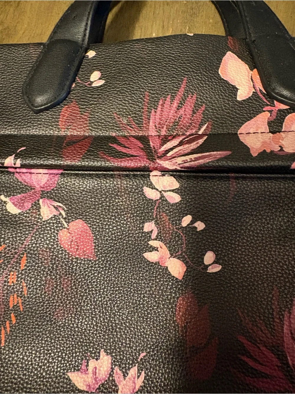 Floral Print Black Tote Bag with Pink Accents